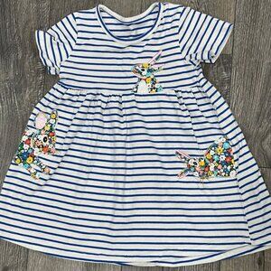 Blue & White Striped Cotton Dress with Bunny Rabbit Patches, Size 5/6